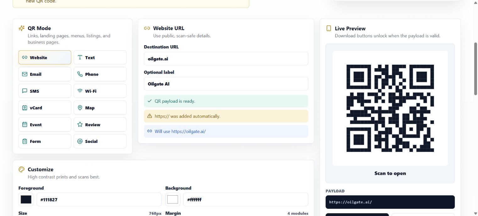 Oilgate AI QR Code Builder showing its static QR creation interface